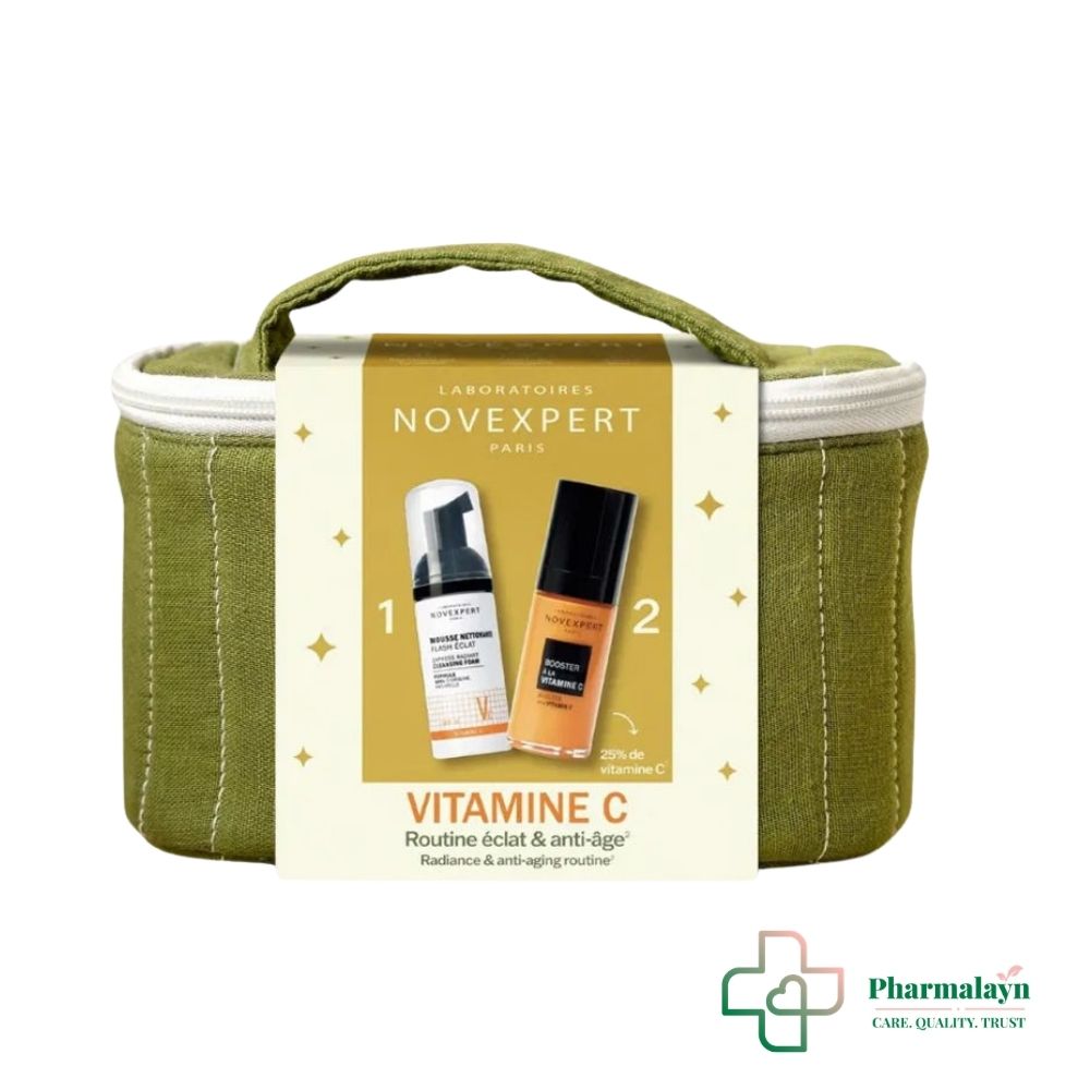 Coffret Novexpert éclat comprenant le Sérum Booster à la Vitamine C 30 ml, concentré antioxydant qui aide à raviver l’éclat, uniformiser le teint et protéger la peau du stress oxydatif. La Mousse Nettoyante Flash Éclat 40 ml offerte nettoie en douceur et prépare la peau à recevoir les soins. Idéal pour un teint lumineux, frais et revitalisé.